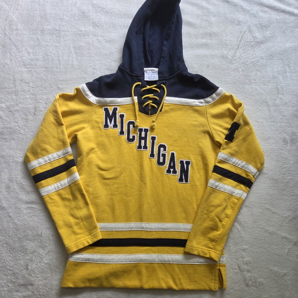 Vintage Champion University Of Michigan Hockey Jersey Sweatshirt Hooded Sz Sm